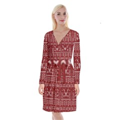 Beautiful Knitted Christmas Pattern Red Long Sleeve Velvet Front Wrap Dress by Vaneshart