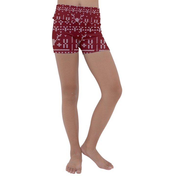 Beautiful Knitted Christmas Pattern Red Kids  Lightweight Velour Yoga Shorts