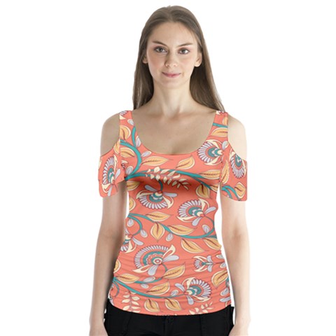 Coral Floral Paisley Butterfly Sleeve Cutout Tee  by mccallacoulture