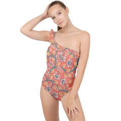 Coral Floral Paisley Frilly One Shoulder Swimsuit