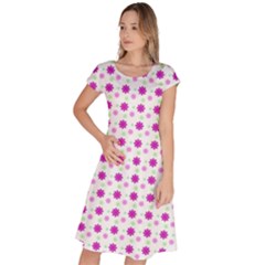 Background Flowers Multicolor Purple Classic Short Sleeve Dress