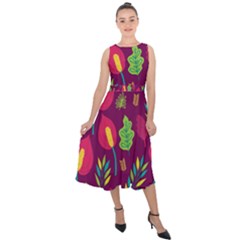 Tropical Flowers On Deep Magenta Midi Tie-back Chiffon Dress by mccallacoulture