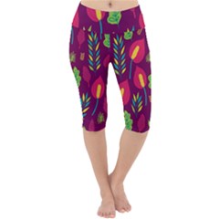 Tropical Flowers On Deep Magenta Lightweight Velour Cropped Yoga Leggings by mccallacoulture