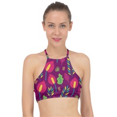Tropical Flowers On Deep Magenta Racer Front Bikini Top by mccallacoulture