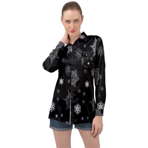 Christmas Snowflake Seamless Pattern With Tiled Falling Snow Long Sleeve Satin Shirt by Vaneshart