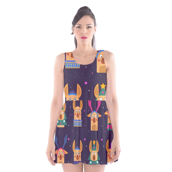 Funny Christmas Pattern With Reindeers Scoop Neck Skater Dress