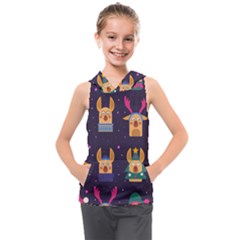 Funny Christmas Pattern With Reindeers Kids  Sleeveless Hoodie by Vaneshart