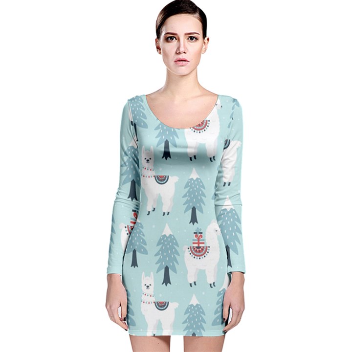 Christmas Tree Cute Lama With Gift Boxes Seamless Pattern Long Sleeve Velvet Bodycon Dress