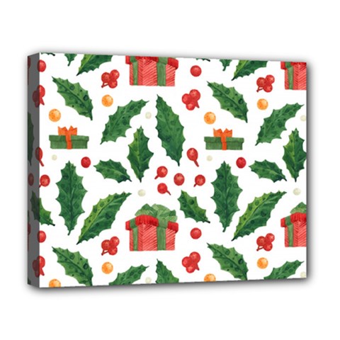 Christmas Seamless Pattern With Holly Red Gift Box Deluxe Canvas 20  X 16  (stretched) by Vaneshart