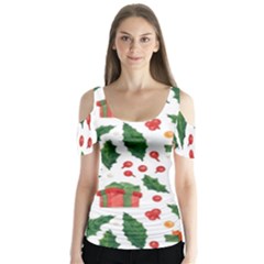 Christmas Seamless Pattern With Holly Red Gift Box Butterfly Sleeve Cutout Tee 