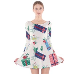 Christmas Gifts Pattern With Flowers Leaves Long Sleeve Velvet Skater Dress by Vaneshart