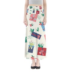 Christmas Gifts Pattern With Flowers Leaves Full Length Maxi Skirt