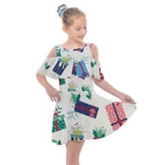 Christmas Gifts Pattern With Flowers Leaves Kids  Shoulder Cutout Chiffon Dress by Vaneshart
