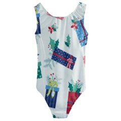 Christmas Gifts Pattern With Flowers Leaves Kids  Cut-out Back One Piece Swimsuit