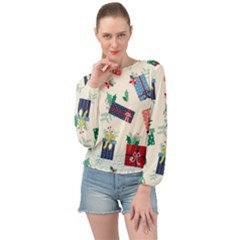 Christmas Gifts Pattern With Flowers Leaves Banded Bottom Chiffon Top by Vaneshart