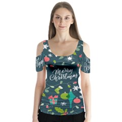 Funny Christmas Pattern Background Butterfly Sleeve Cutout Tee 