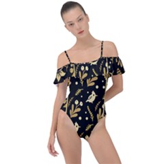 Golden Christmas Pattern Collection Frill Detail One Piece Swimsuit by Vaneshart