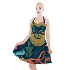 Colorful Vintage Christmas Pattern Halter Party Swing Dress  by Vaneshart