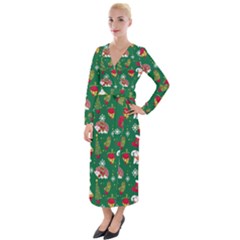 Colorful Funny Christmas Pattern Green Velvet Maxi Wrap Dress by Vaneshart