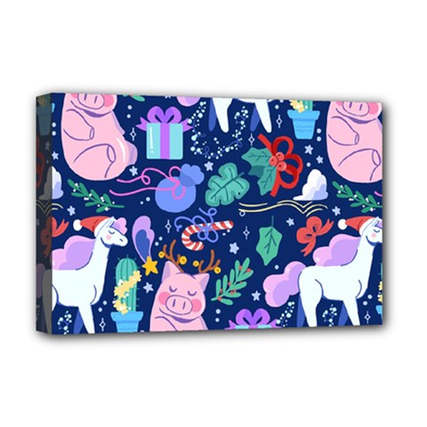 Colorful Funny Christmas Pattern Pig Animal Deluxe Canvas 18  X 12  (stretched) by Vaneshart