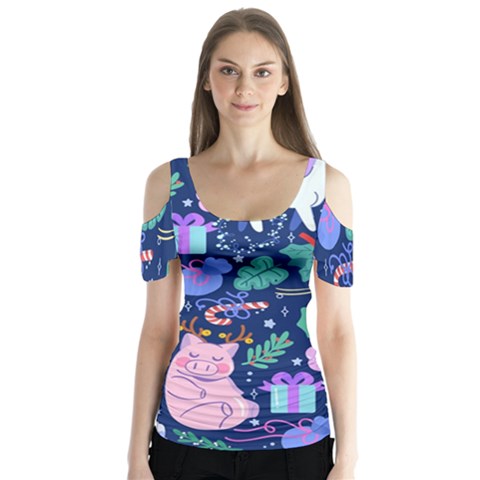 Colorful Funny Christmas Pattern Pig Animal Butterfly Sleeve Cutout Tee  by Vaneshart