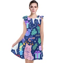 Colorful Funny Christmas Pattern Pig Animal Tie Up Tunic Dress by Vaneshart