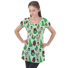 Colorful Funny Christmas Pattern Cartoon Puff Sleeve Tunic Top by Vaneshart