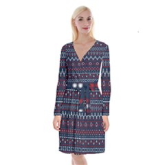 Christmas Concept With Knitted Pattern Long Sleeve Velvet Front Wrap Dress by Vaneshart