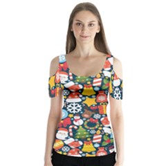 Colorful Pattern With Decorative Christmas Elements Butterfly Sleeve Cutout Tee 