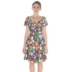 Colorful Pattern With Decorative Christmas Elements Short Sleeve Bardot Dress by Vaneshart