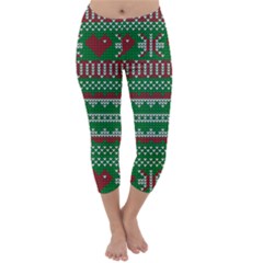 Knitted Christmas Pattern Green Red Capri Winter Leggings  by Vaneshart