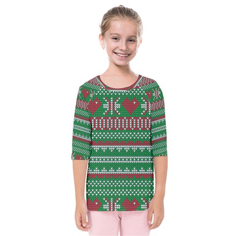 Knitted Christmas Pattern Green Red Kids  Quarter Sleeve Raglan Tee by Vaneshart