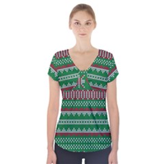 Knitted Christmas Pattern Green Red Short Sleeve Front Detail Top