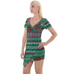 Knitted Christmas Pattern Green Red Short Sleeve Asymmetric Mini Dress by Vaneshart