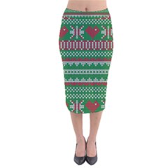 Knitted Christmas Pattern Green Red Velvet Midi Pencil Skirt by Vaneshart