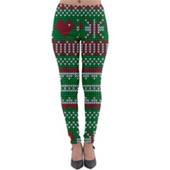 Knitted Christmas Pattern Green Red Lightweight Velour Leggings by Vaneshart