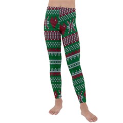 Knitted Christmas Pattern Green Red Kids  Lightweight Velour Leggings by Vaneshart