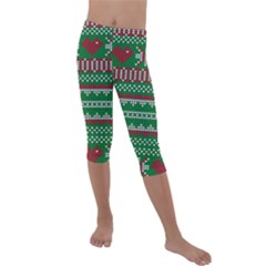 Knitted Christmas Pattern Green Red Kids  Lightweight Velour Capri Leggings  by Vaneshart
