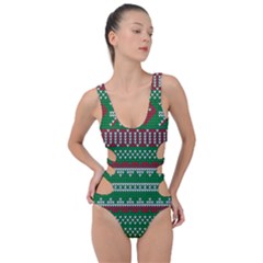 Knitted Christmas Pattern Green Red Side Cut Out Swimsuit by Vaneshart