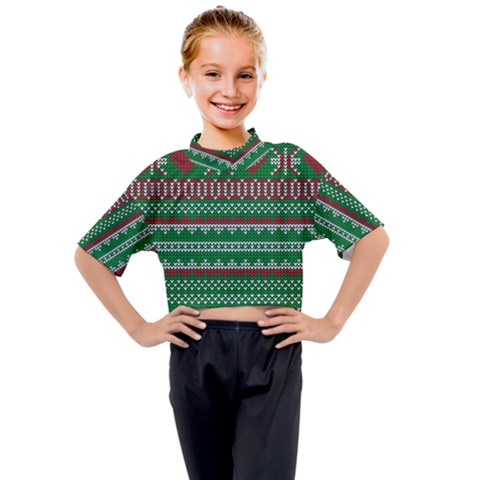 Knitted Christmas Pattern Green Red Kids Mock Neck Tee by Vaneshart