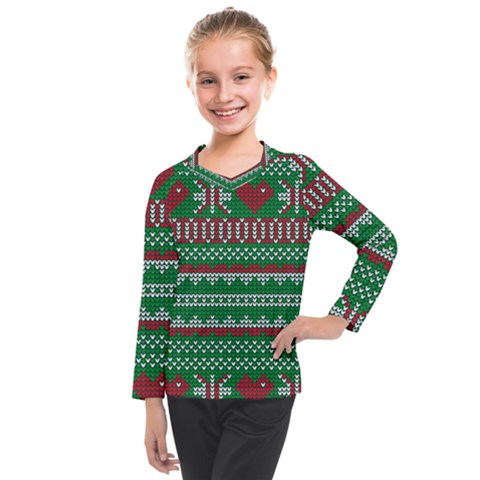 Knitted Christmas Pattern Green Red Kids  Long Mesh Tee by Vaneshart