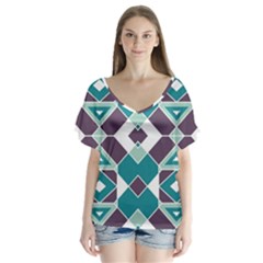 Teal And Plum Geometric Pattern V-neck Flutter Sleeve Top by mccallacoulture