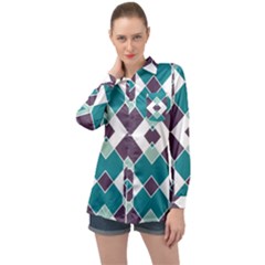 Teal And Plum Geometric Pattern Long Sleeve Satin Shirt