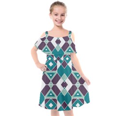 Teal And Plum Geometric Pattern Kids  Cut Out Shoulders Chiffon Dress by mccallacoulture