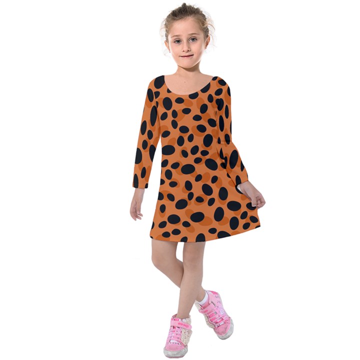 Orange Cheetah Animal Print Kids  Long Sleeve Velvet Dress