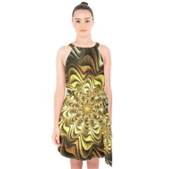 Fractal Flower Petals Gold Halter Collar Waist Tie Chiffon Dress