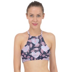 Navy Floral Hearts Racer Front Bikini Top