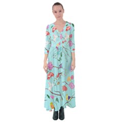 Birds And Flowers Button Up Maxi Dress by printondress