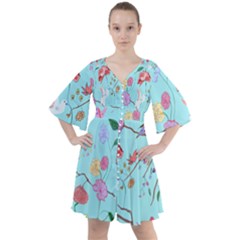 Birds And Flowers Boho Button Up Dress by printondress