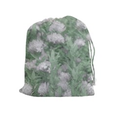 Green And White Textured Botanical Motif Manipulated Photo Drawstring Pouch (xl) by dflcprintsclothing